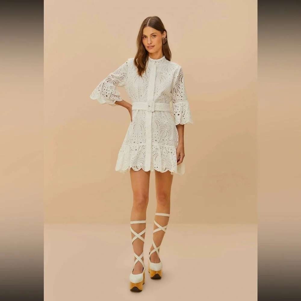 Farm Rio White Richelieu Eyelet Belted Mini Dress XS Embroidered Boho Ruffle - Picture 5 of 12